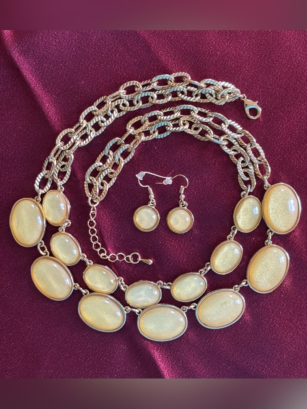 Gold-Tone Cream Oval Statement Necklace & Earrings Set